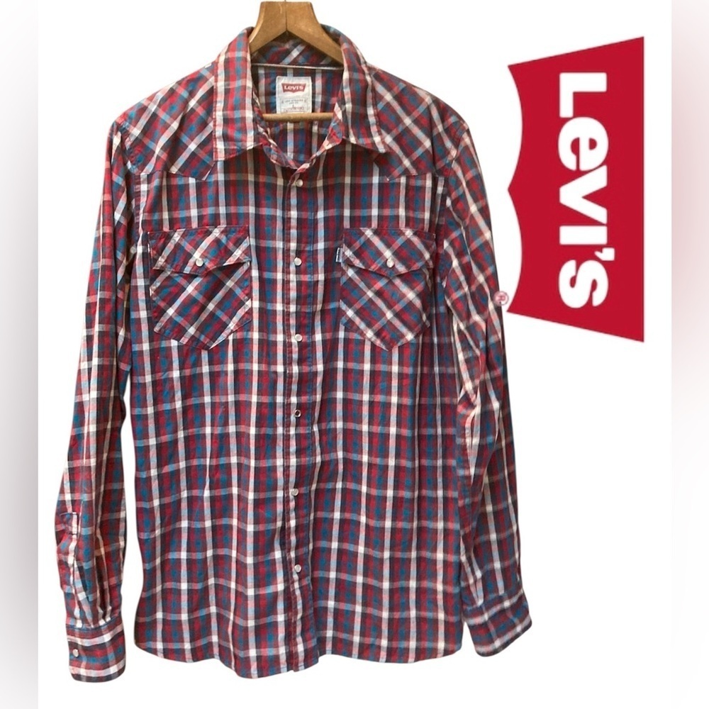 Levi's Western Pearl Snap Button Short Long Sleeve Large Blue Red‎